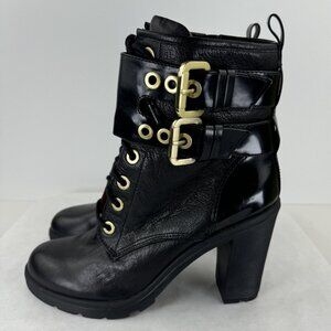 Guess Finlay Womens Black Side Zip High Heel Leather Boots Buckle Strap Sz 8.5M
